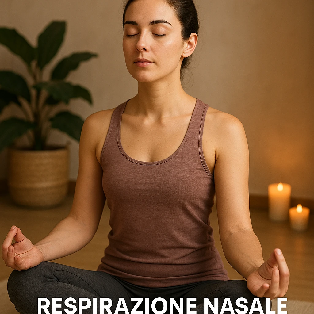 person in yoga or meditation pose with closed eyes practicing deep nasal breathing, relaxing atmosphere, caption in Italian emoji