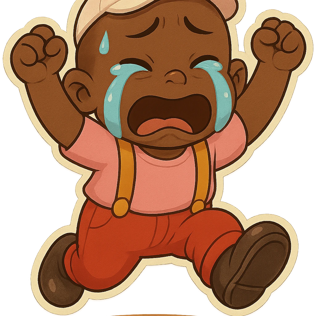 Memín Pinguín jumping and crying with big tears and a sad expression in chibi stickers style, transparent background. emoji