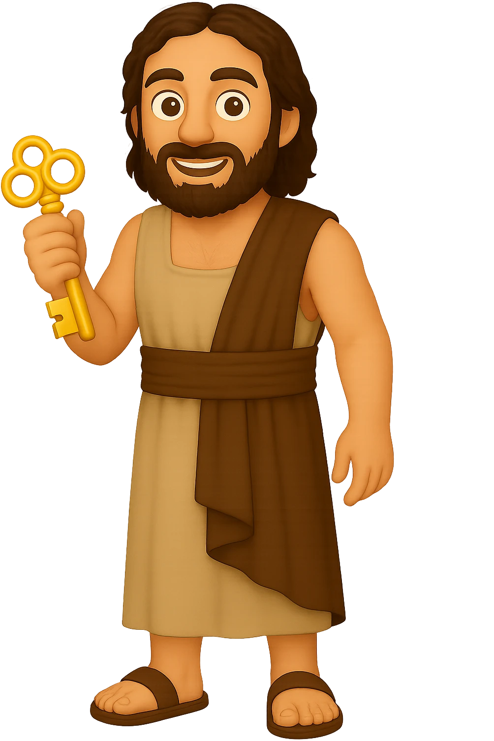 Make the shirt sleeveless like in 'The Chosen' show, keep plain robes, fullbody apostle Peter, high detail, emoji style, holding keys, detailed beard, standing pose, no background. emoji