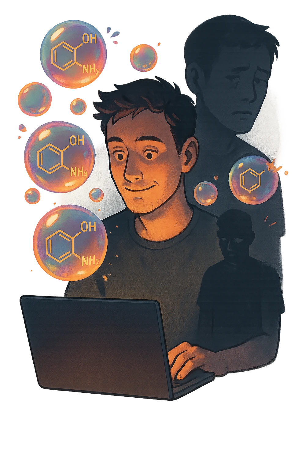 a man sits in front of a glowing screen, with colorful, artificial-looking dopamine molecules floating around his head like soap bubbles. Some bubbles pop and disappear quickly, symbolizing fleeting pleasure. In the background, a shadowy version of the man looks unsatisfied or empty, highlighting the temporary nature of the gratification. emoji