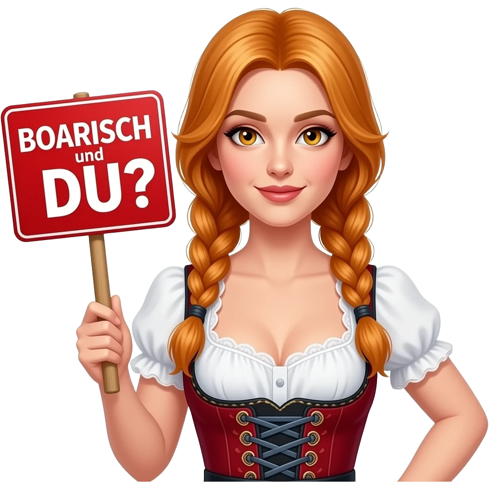sexy girl with overlong ginger hair in braids and ginger eyes wearing a dirndl holding a I red BOARISCH und DU? sign emoji