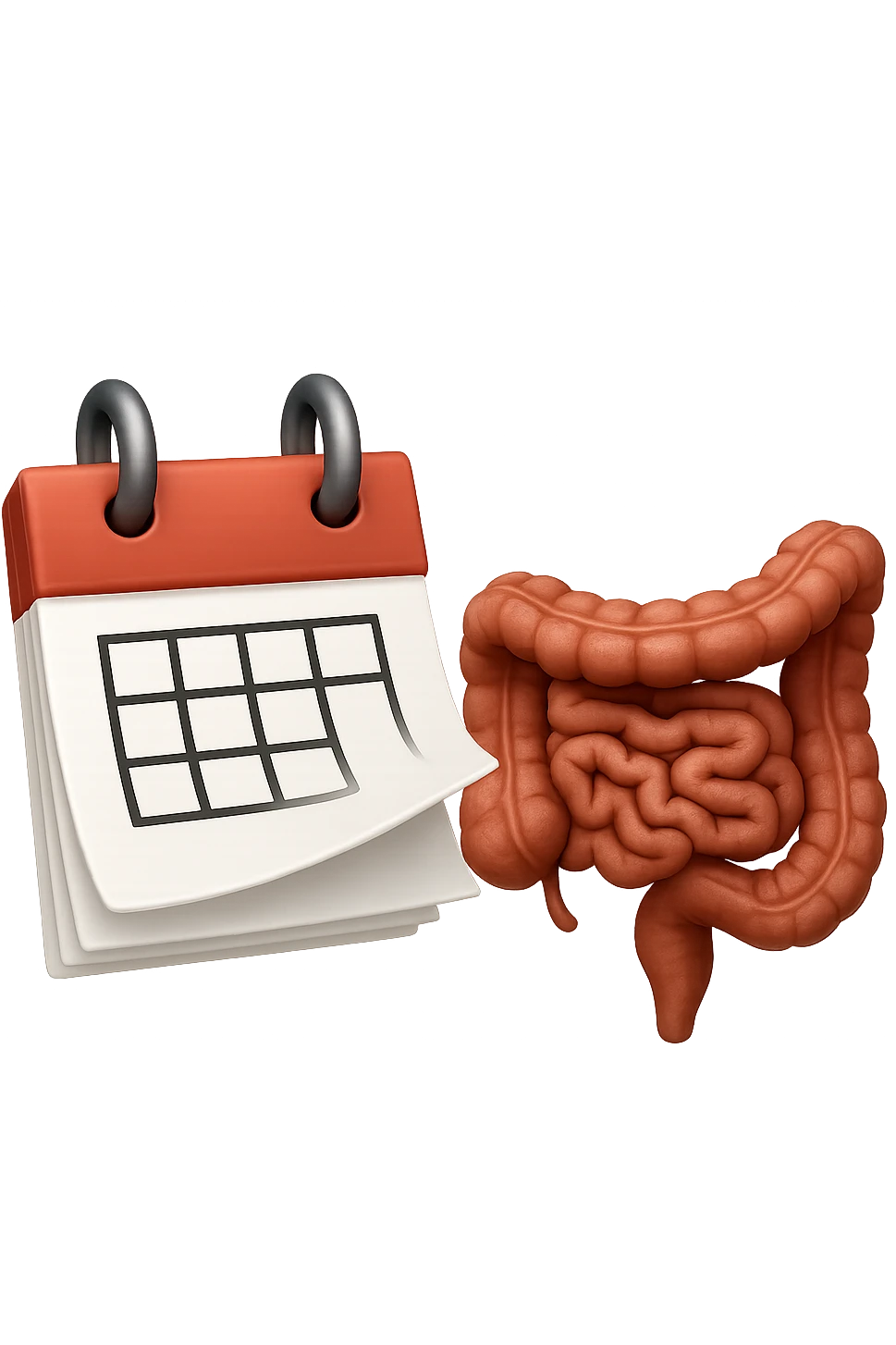 emoji stile iphone di un calendario con fogli che volano insieme a pezzi anatomici di colon umano, iperrealistico 4k, isolato su sfondo bianco emoji