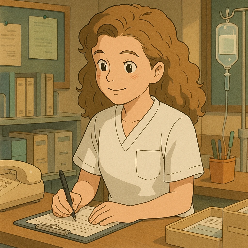 Étudiante infirmière en style Ghibli, travaillant dans un poste de soin, portant un uniforme blanc à manches courtes sans pied de col ni stéthoscope, haut de type tunique médicale avec col en V et poche poitrine à gauche, pas de tissu dépassant des manches, inspirée de la personne sur la photo, ambiance chaleureuse et collaborative. emoji