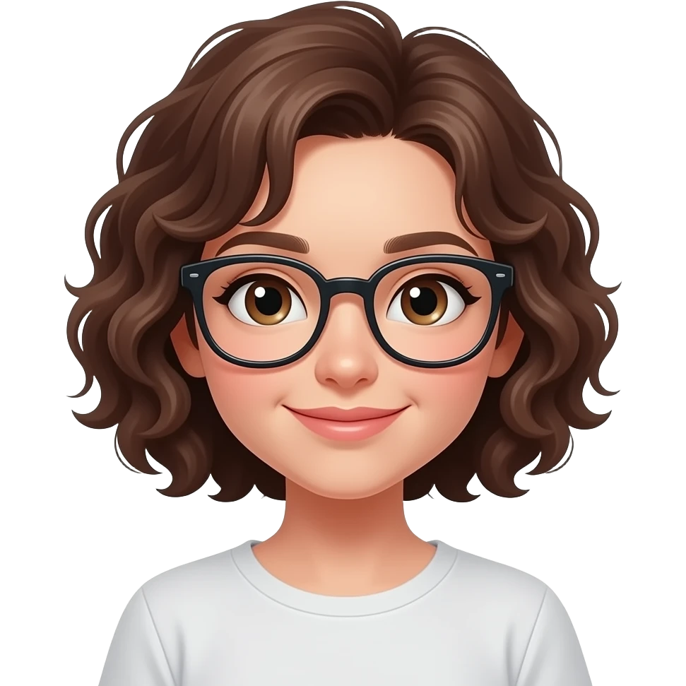 Pretty girl with short brown curly hair and glasses looking cute emoji