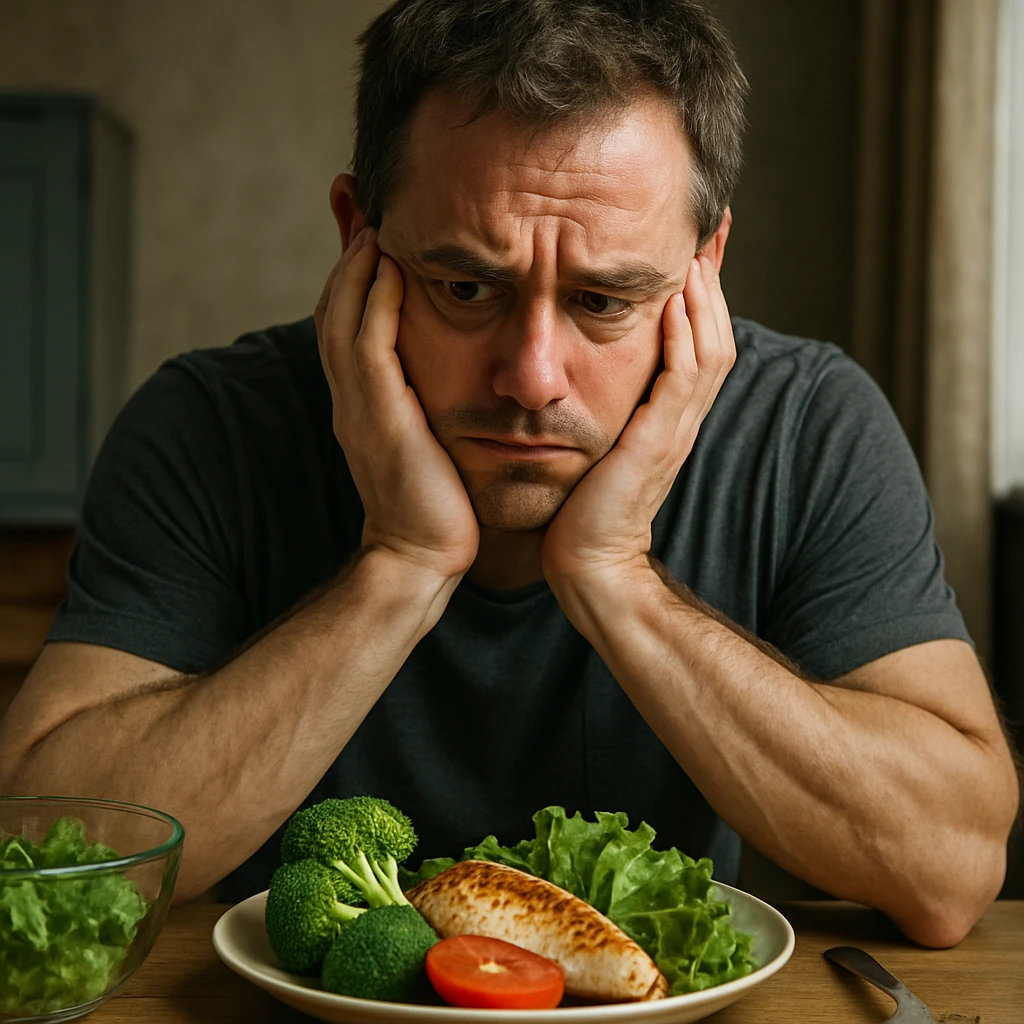 hyperrealistic man looking very struggling to follow a diet, frustrated or discouraged expression, sitting at a table with healthy food in front, visibly tempted or conflicted, realistic environment, detailed, intense atmosphere emoji