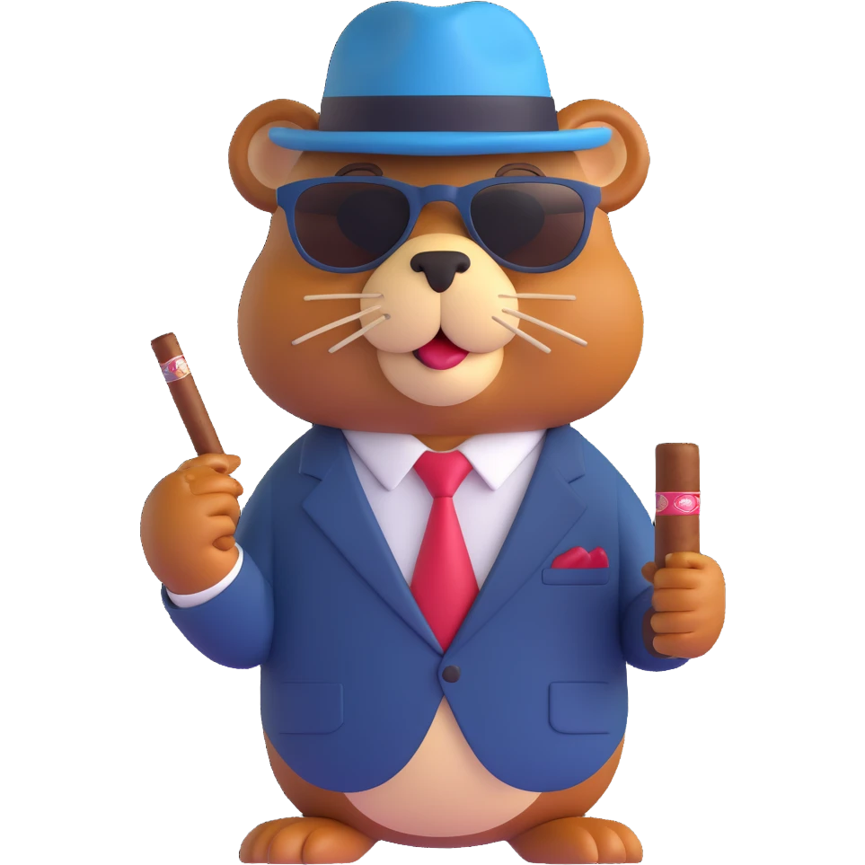 3D emoji style beaver with sunglasses, pinstripe suit, and cigar, gangster vibe emoji