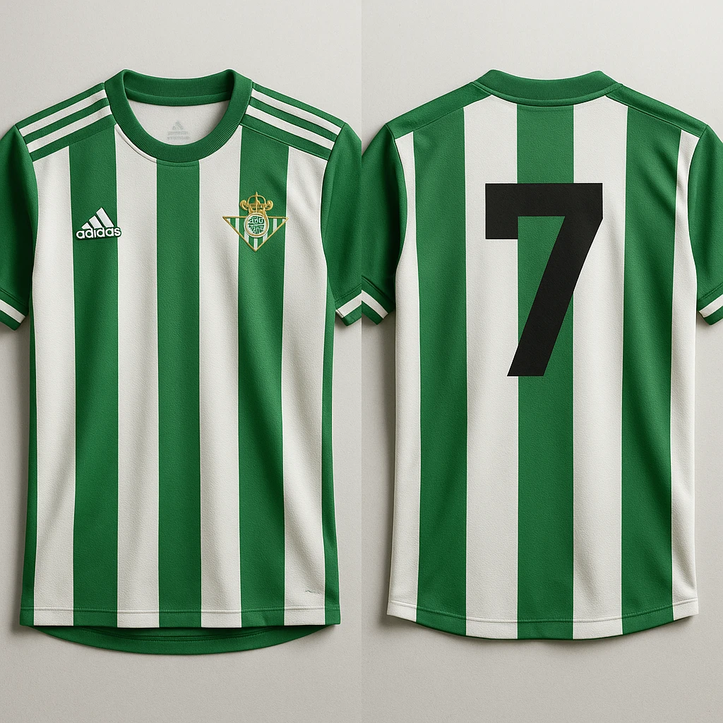 realistic football jersey of Real Betis with visible number 7, green and white details, club crest on the shirt emoji