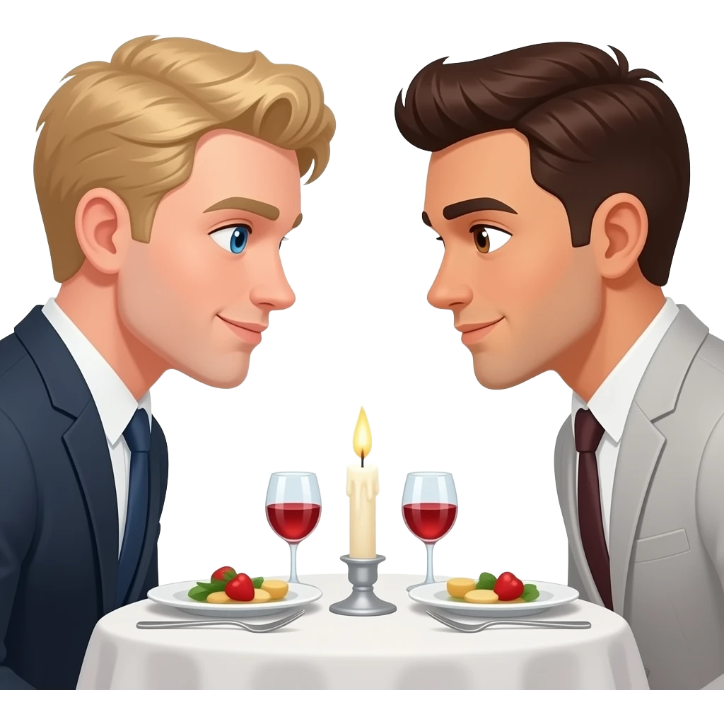Make a gay couple on a Date , one has light Skin with Blond Hair and Blue Eyes, the other one has slightly brown skin witz dark Brown Hair and Brown Eyes. They are sitting on a romantic Table eating Dinner with a Candle between Them. The look a each other. emoji