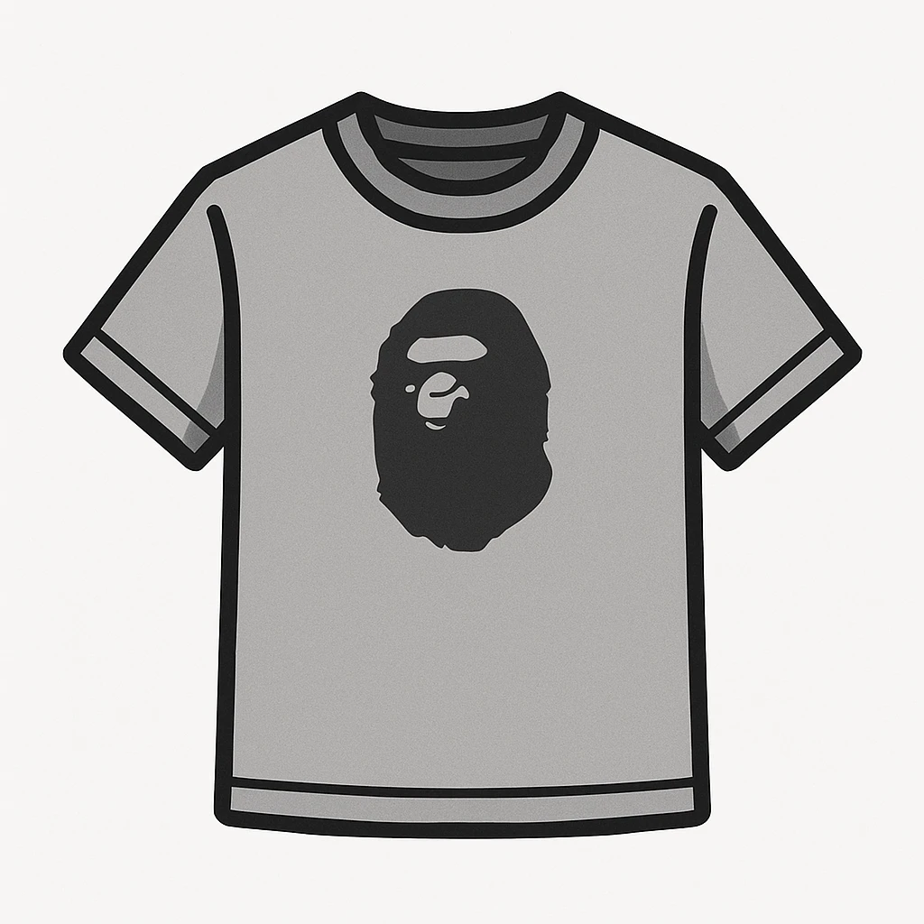 BAPE t-shirt, minimalist style, small ape head logo on chest, plain background, neutral colors emoji