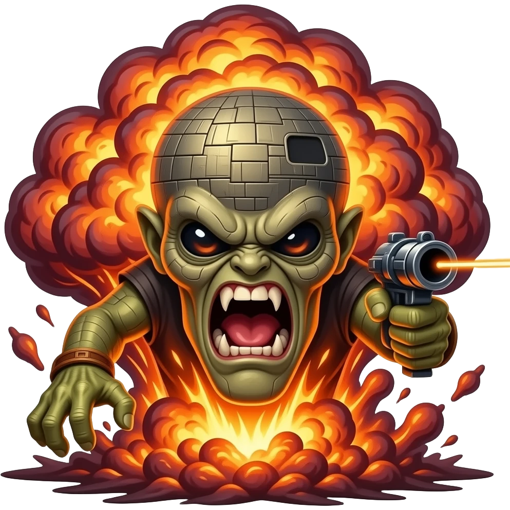 Angry teka, furious female face, Death Star laser cannon beam, giant explosion mushroom cloud, neon glow, dramatic lighting, emoji style, vibrant colors emoji