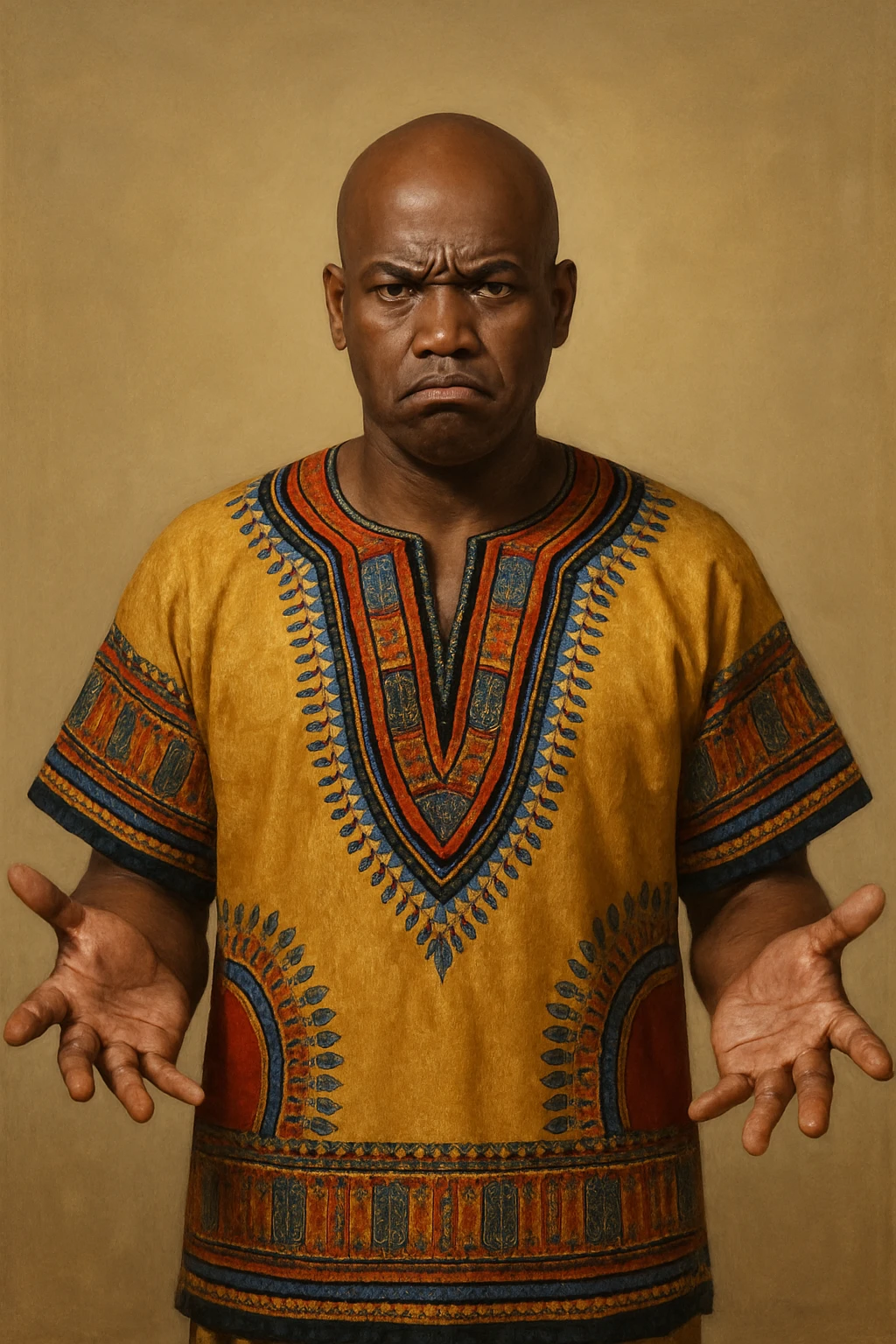 Сгенерируй мне афроамериканца в национальном африканском костюме, лысого,  . Строго в анфас. Его лицо чуточку недовольно, а руками он размахивает и разводит в сторону. На однородном фоне. В стиле реалистичной живописи. Он полностью помещается в экран и не обрезается краями изображения emoji