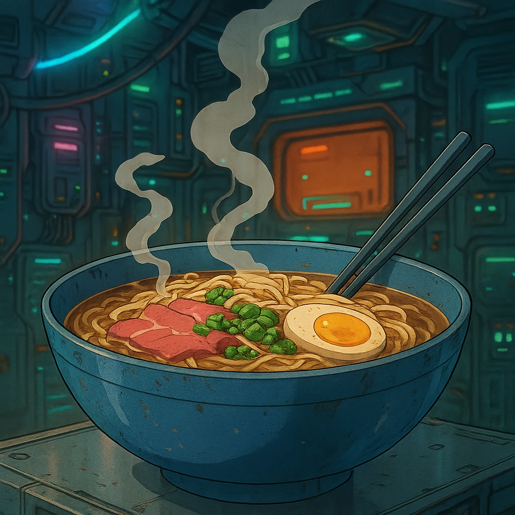 cyberpunk futuristic, space scifi, a bowl of delicious pho, ramen, piping hot emoji