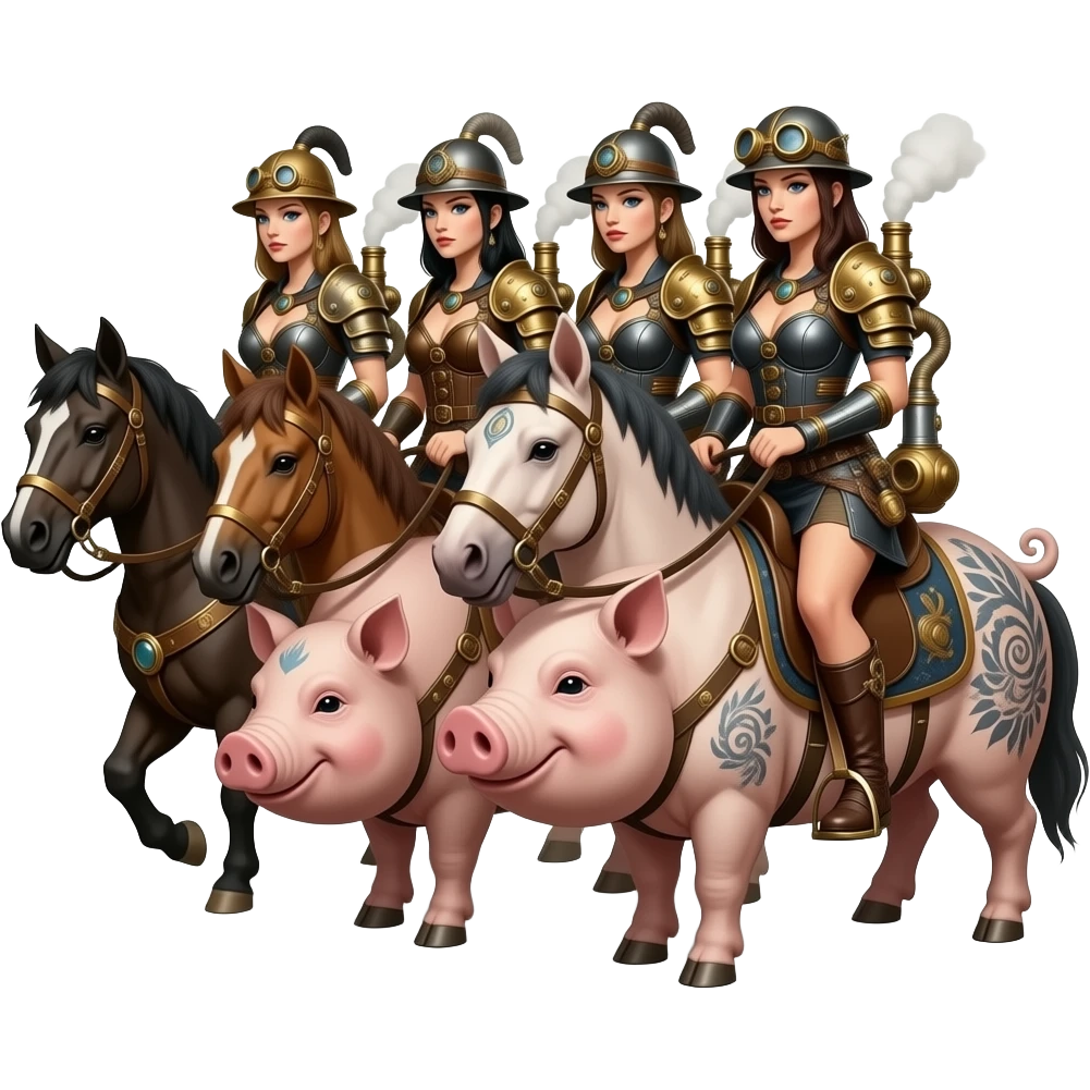 steampunk - four nasty female horsemen of the apocalypse ride on big tattooed pigs emoji
