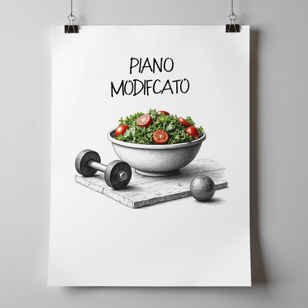 white sheet of paper with the text 'PIANO MODIFICATO', a hyperrealistic 4K drawing of a salad bowl and gym dumbbells, no background emoji
