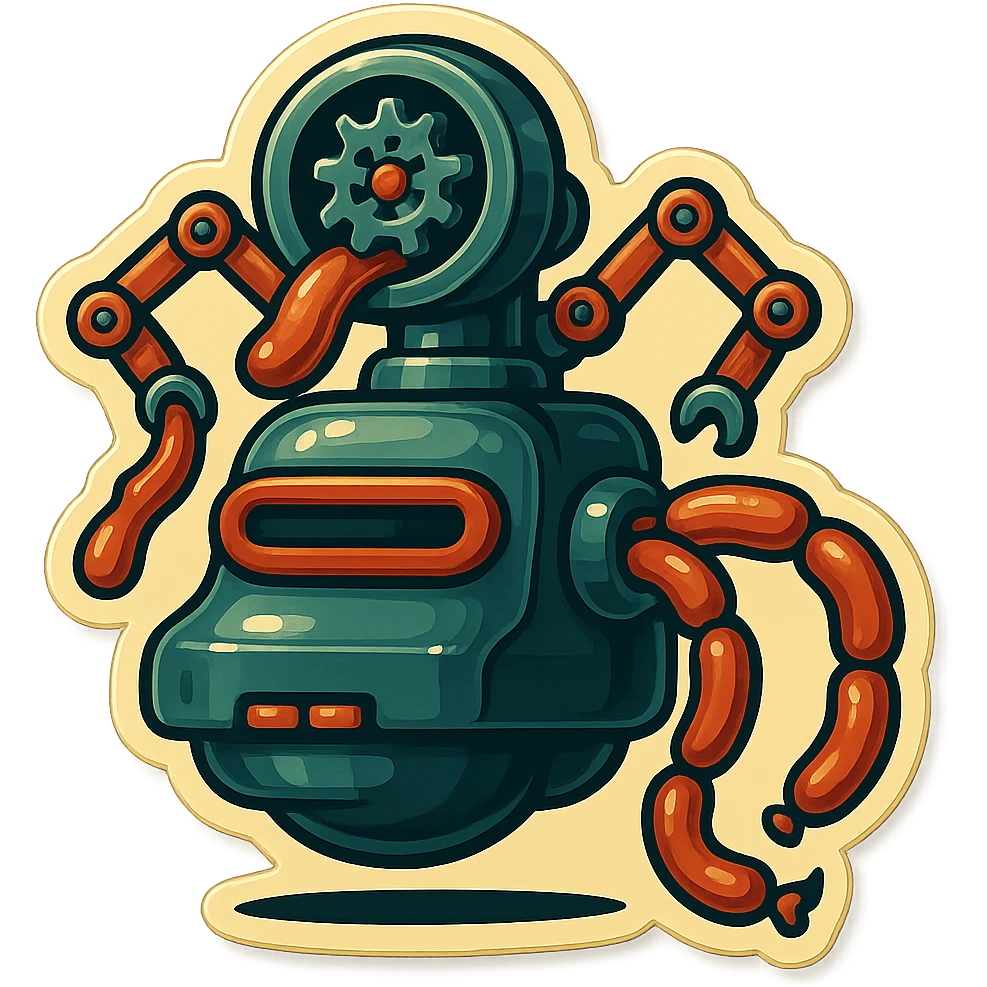 sausage-processing droid. retro-futuristic style. in front is a large industrial grinder rotating gears and blades. Two robotic arms feed material into grinder. Sausage links extrude from the rear like  factory. The body is metallic, compact, and floats above the ground.no legs. Dark humor emoji