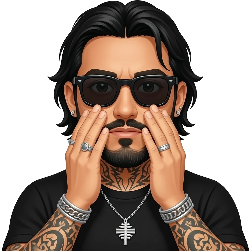 handsome, manly Latino podcast host with black colored eyes wearing black with silver jewelry, with medium length hair, a very long, lightly graying beard and tattoos, his ear pierced and right nostril as well, dark sunglasses. Face palms emoji