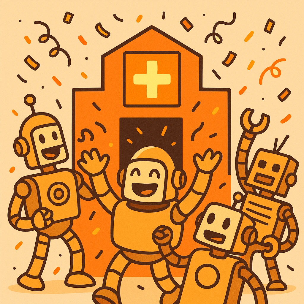 flat, playful illustration of several cartoon robots celebrating with confetti, gathered around a bright orange building and a glowing orange plus sign, orange color theme, lively and welcoming, for a new organization webhook icon emoji