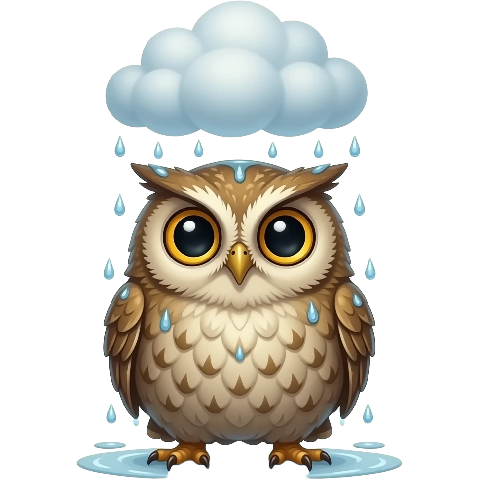 Drizzowl
A round owl-amphibian creature with soaked feathers and huge reflective eyes. It can call soft rainclouds that follow it through the forest. emoji