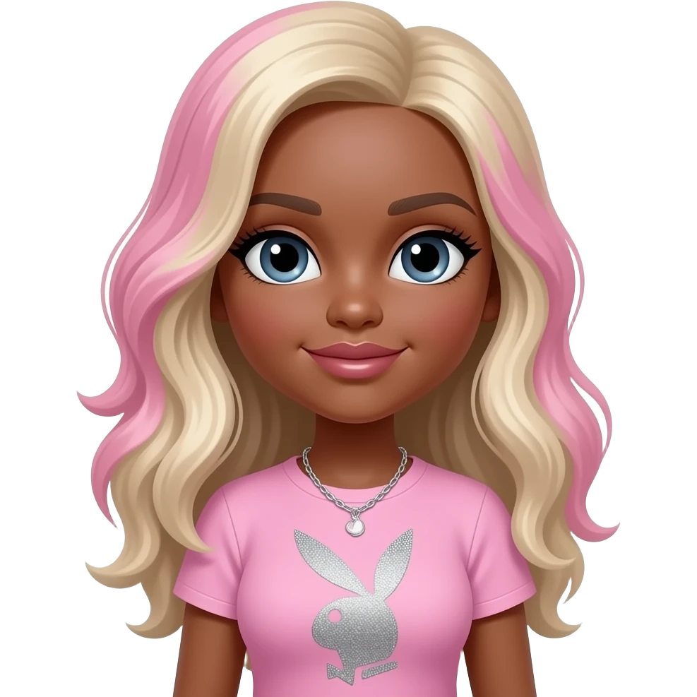 Dark brown eyebrows, Dark brown skin, Doll shaped face, doll eyes, pink, wavy with side part longer blonde hair, baby pink shirt with glitter silver playboy logo, with silver playboy necklace, big breast emoji