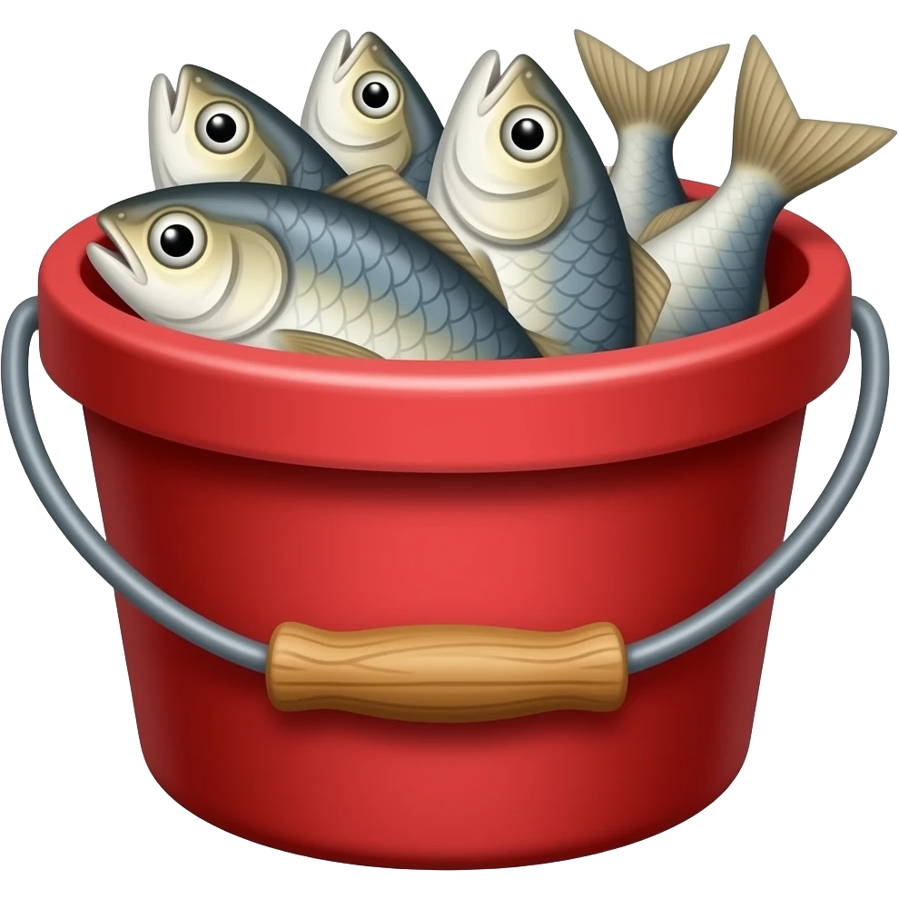 red fishing bucket filled with some firsh emoji