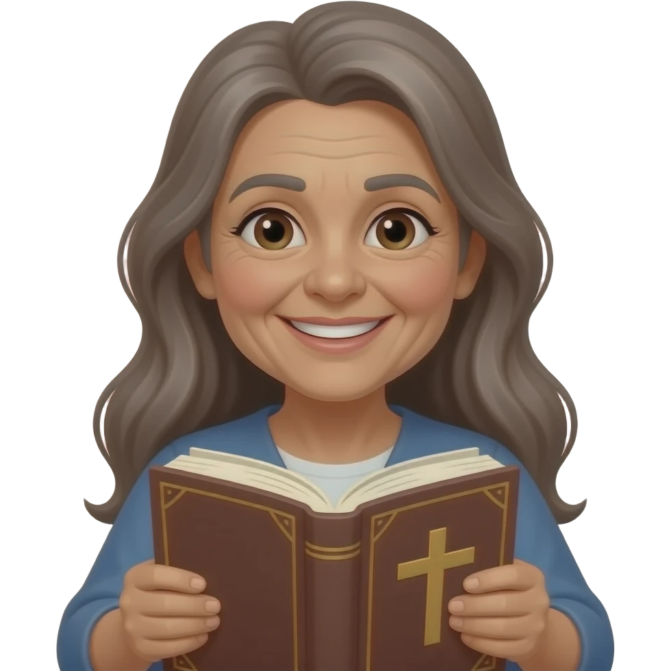 wise older woman with light brown skin brown/grey long hair eyes smile with book that has a cross on it emoji