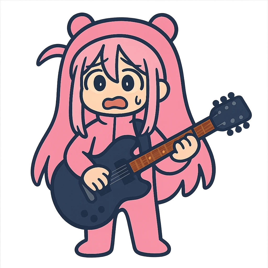 Bocchi the Rock in a pink costume with a guitar emoji