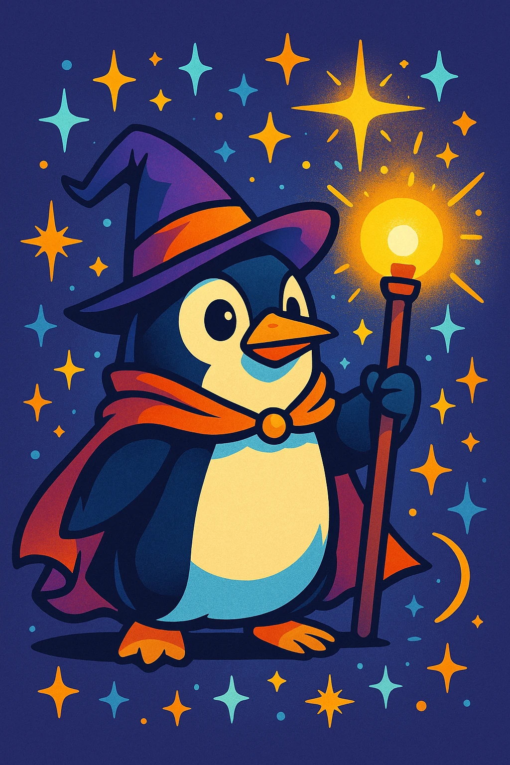 stylized penguin wizard with a glowing staff, surrounded by sparkles, fantasy illustration emoji