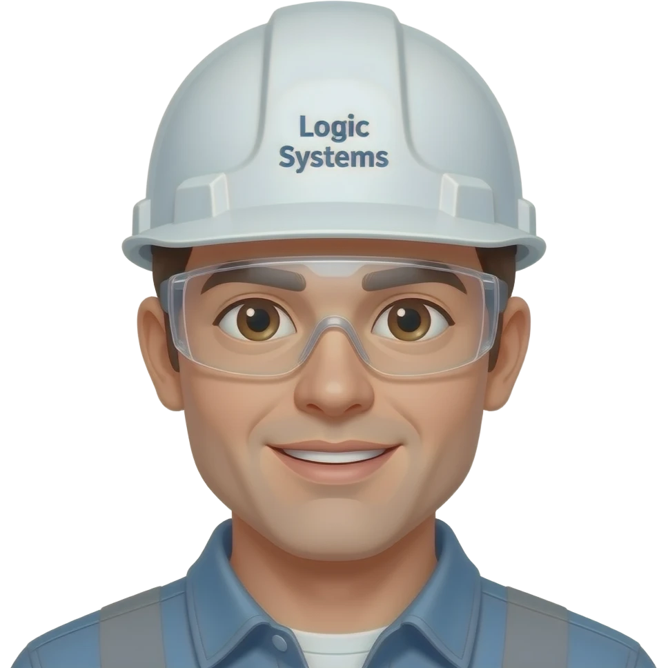 Electricista con ojos marrones claros con casco blanco y que diga Logic Systems   tenga lentes de protección emoji
