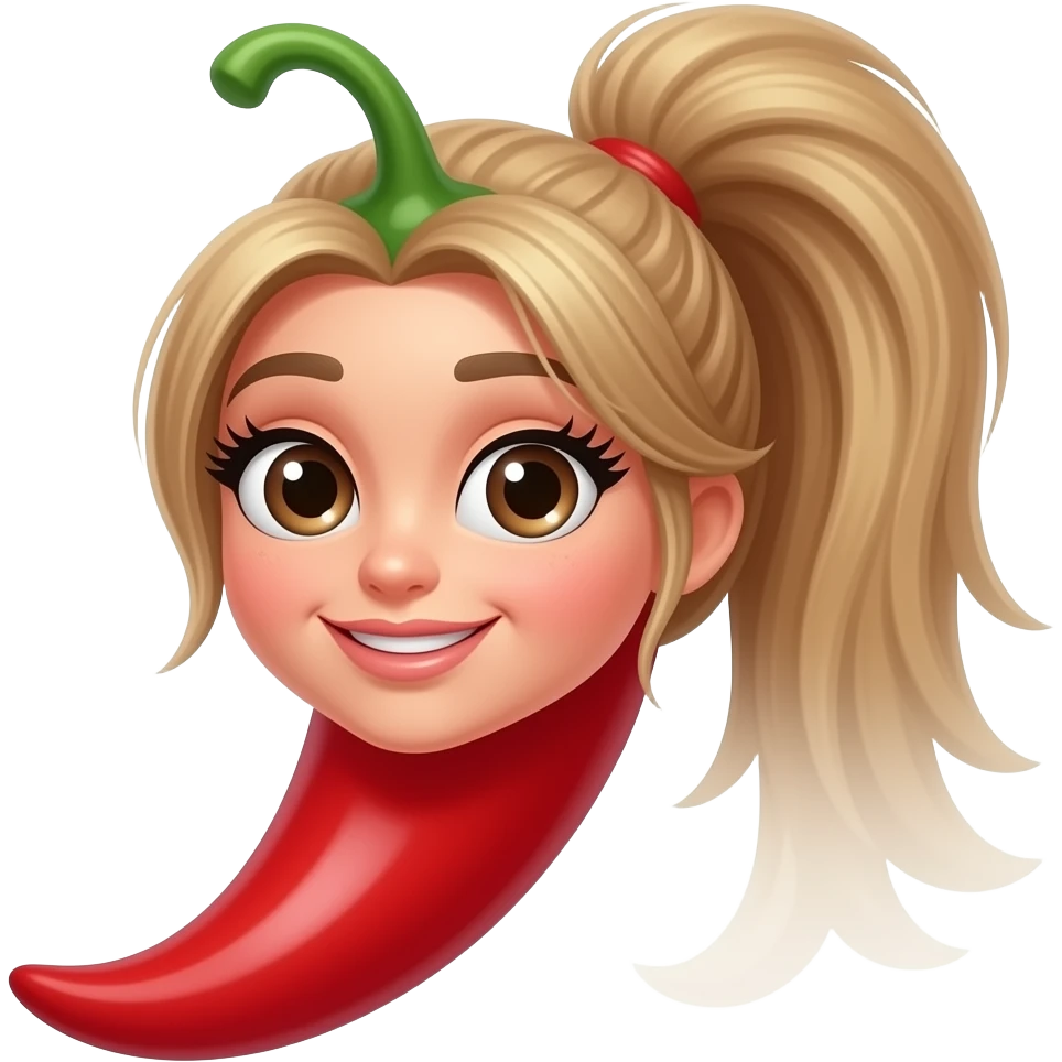 a red chili with girlish and eyelashes face and long ponytail hair emoji