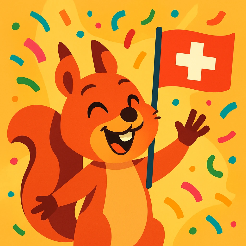 cheerful squirrel celebrating with confetti and holding a Swiss flag, vibrant and festive style emoji
