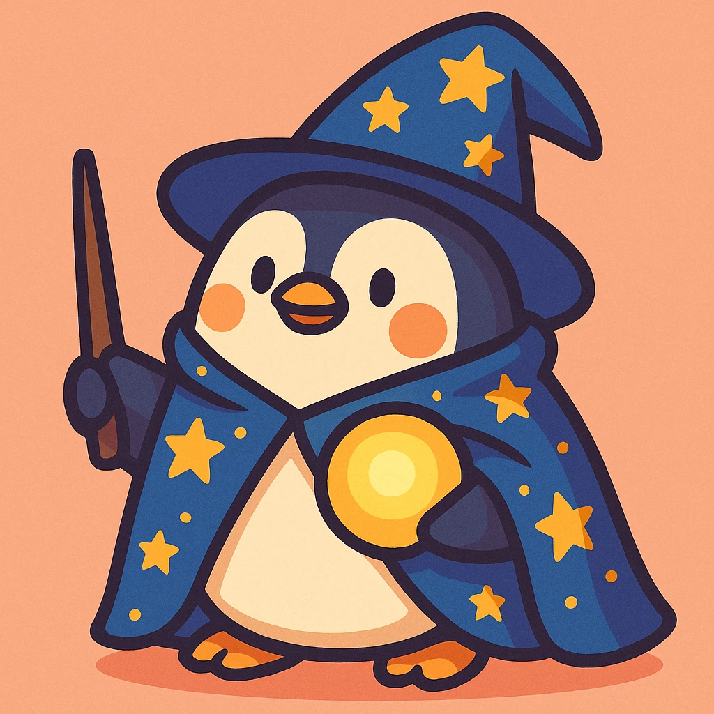 a chubby penguin wizard with a starry cloak and a glowing orb, in a soft, rounded illustration style emoji