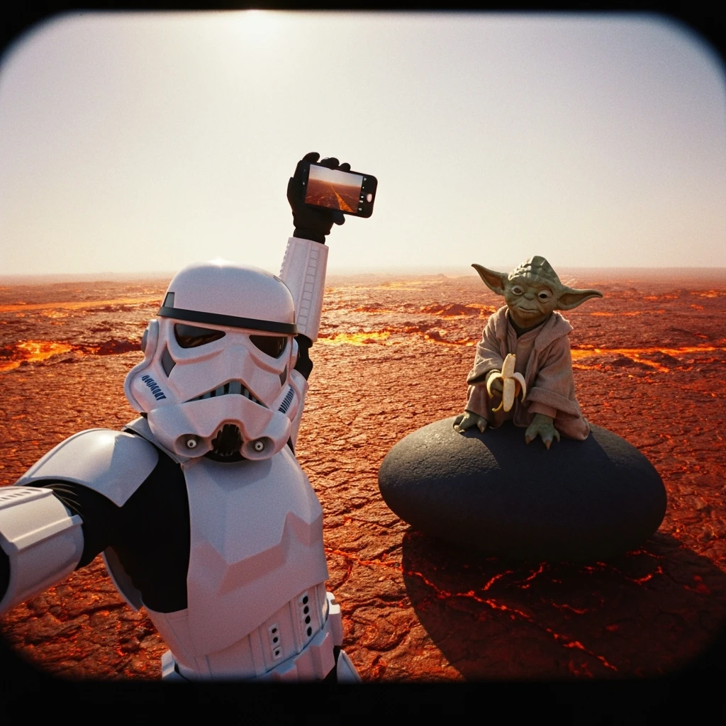 Camera POV, Starwars stormtroopers vlogging selfie, he is walking on lava planet with yoda emoji