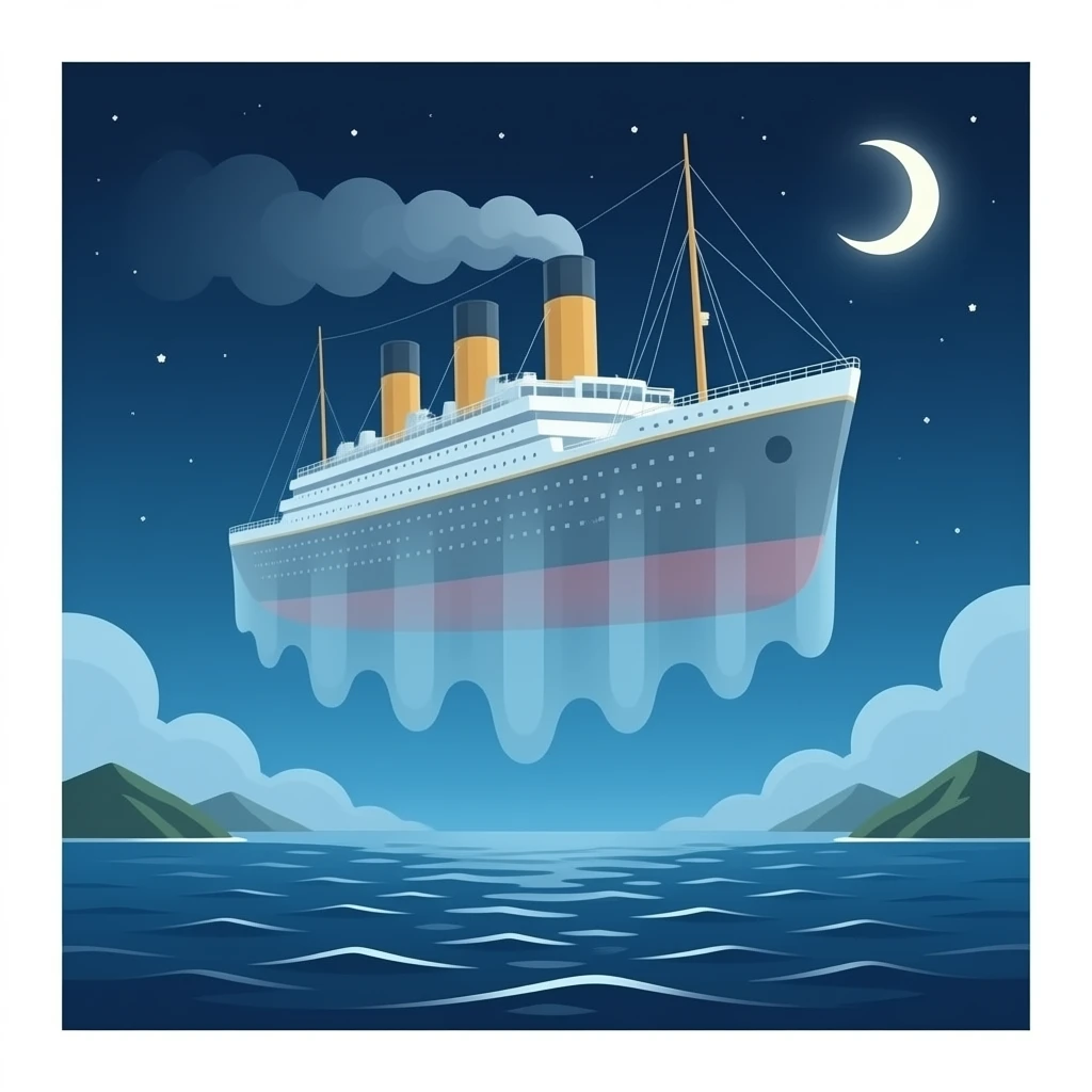 The ghostly ship Titanic floats in the night sky above the sea emoji