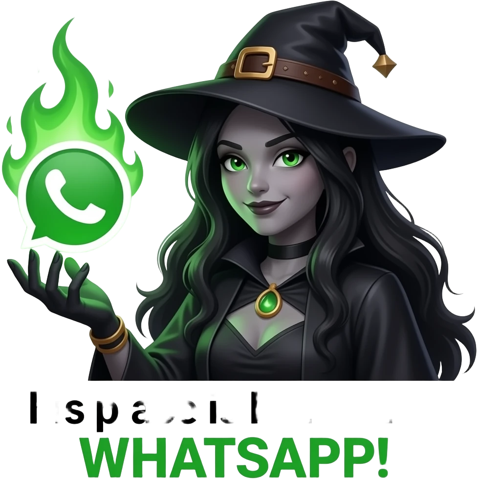 A dark sorcerer’s evil girl, hand holding a WhatsApp logo burning with green magical flames. Text below: 'This place is better than WHATSAPP!'. Cinematic lighting, high-contrast emoji emoji