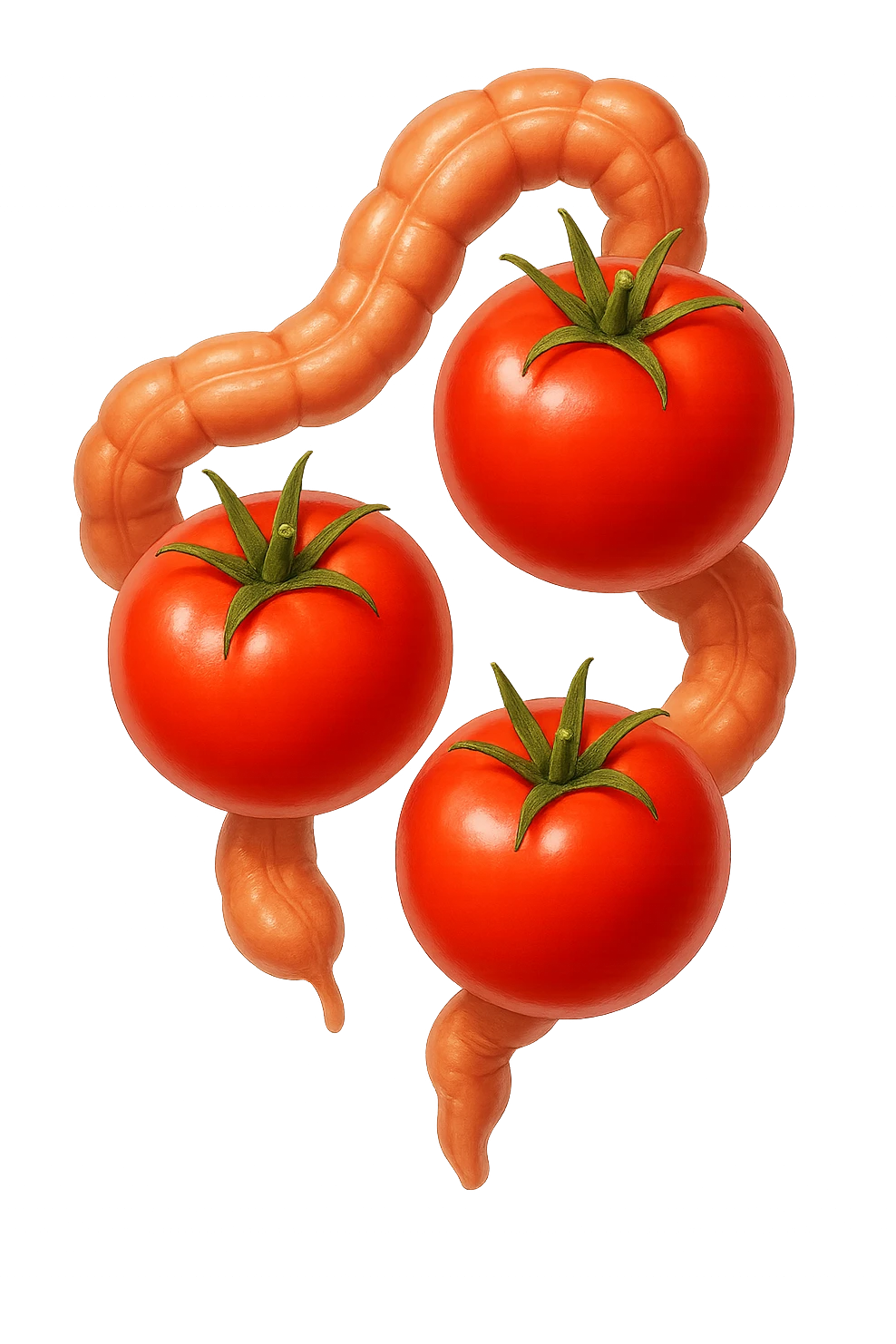emoji stile iphone di pomodori che fluttuano in aria con colon attorcigliato intorno, iperrealistico 4k, isolato su sfondo bianco emoji