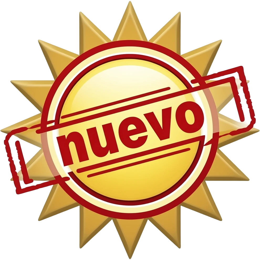 Emoji de uns estampa que diga nuevo (solamente Nuevo que sea rojo y en forma de puntas como sol en su circunferencia) emoji