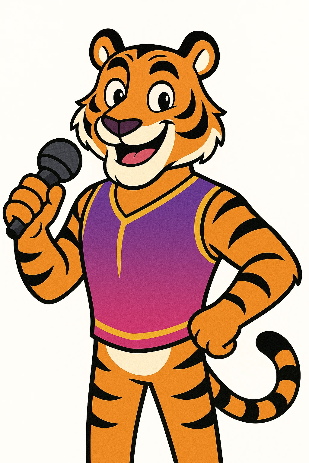 cartoon-style male tiger mascot standing upright smiling confidently with big eyes and a friendly expression wearing a purple and fuchsia vest or t-shirt holding a microphone in one hand clean modern colorful style with bold outlines and smooth shading color palette purple to fuchsia gradient gold accents white details energetic and fun perfect for a party and event company plain white background emoji