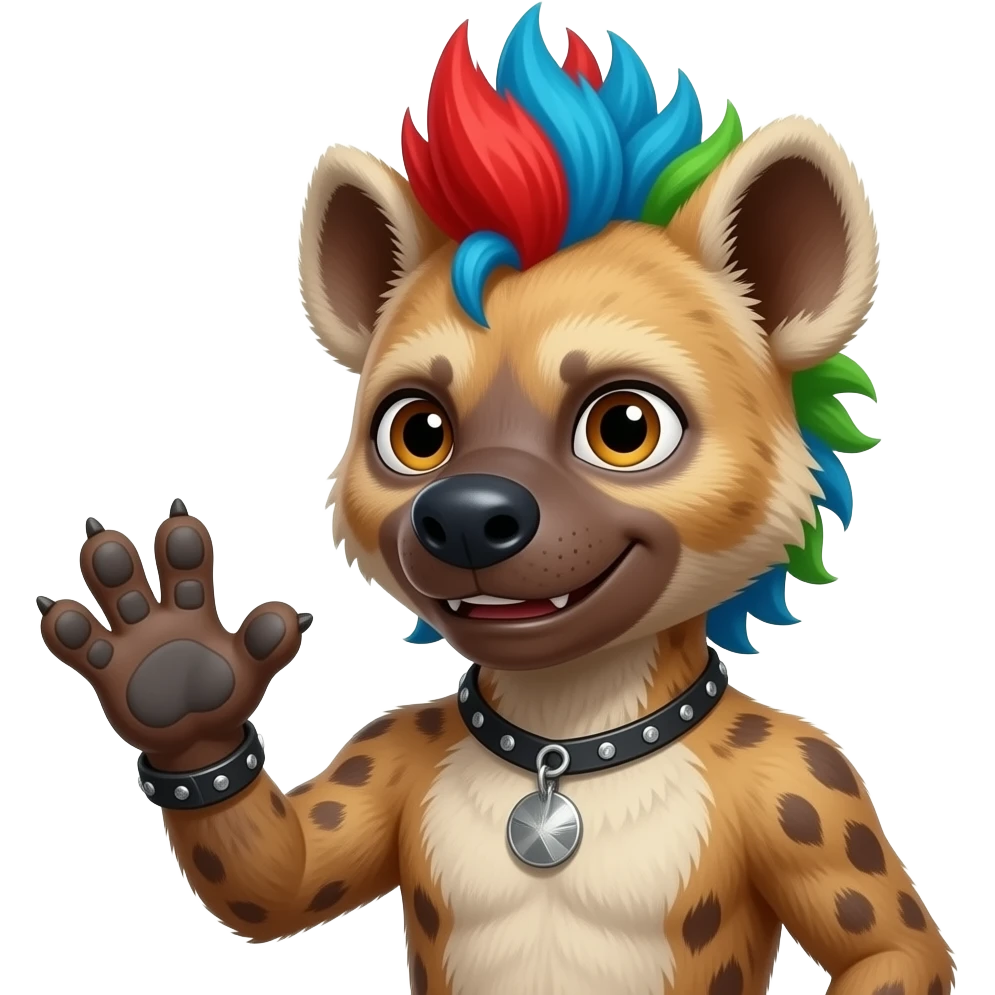 hyène punk cheveux rouge bleu et vert qui fait coucou avec sa pate emoji