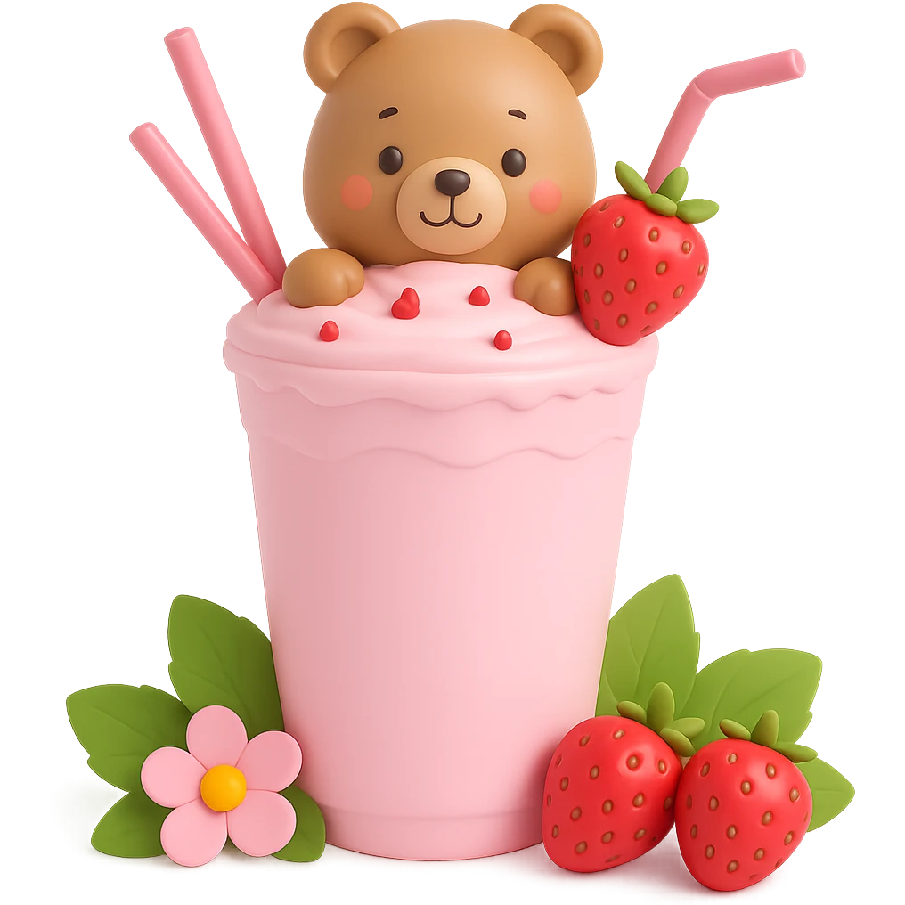 Edit the image to show a strawberry milkshake cup with a straw, a cute bear peeking out, two strawberries with green leaves, pastel colors, soft shadows, clean and minimalistic design in a 3D vinyl figure style, with no background. emoji