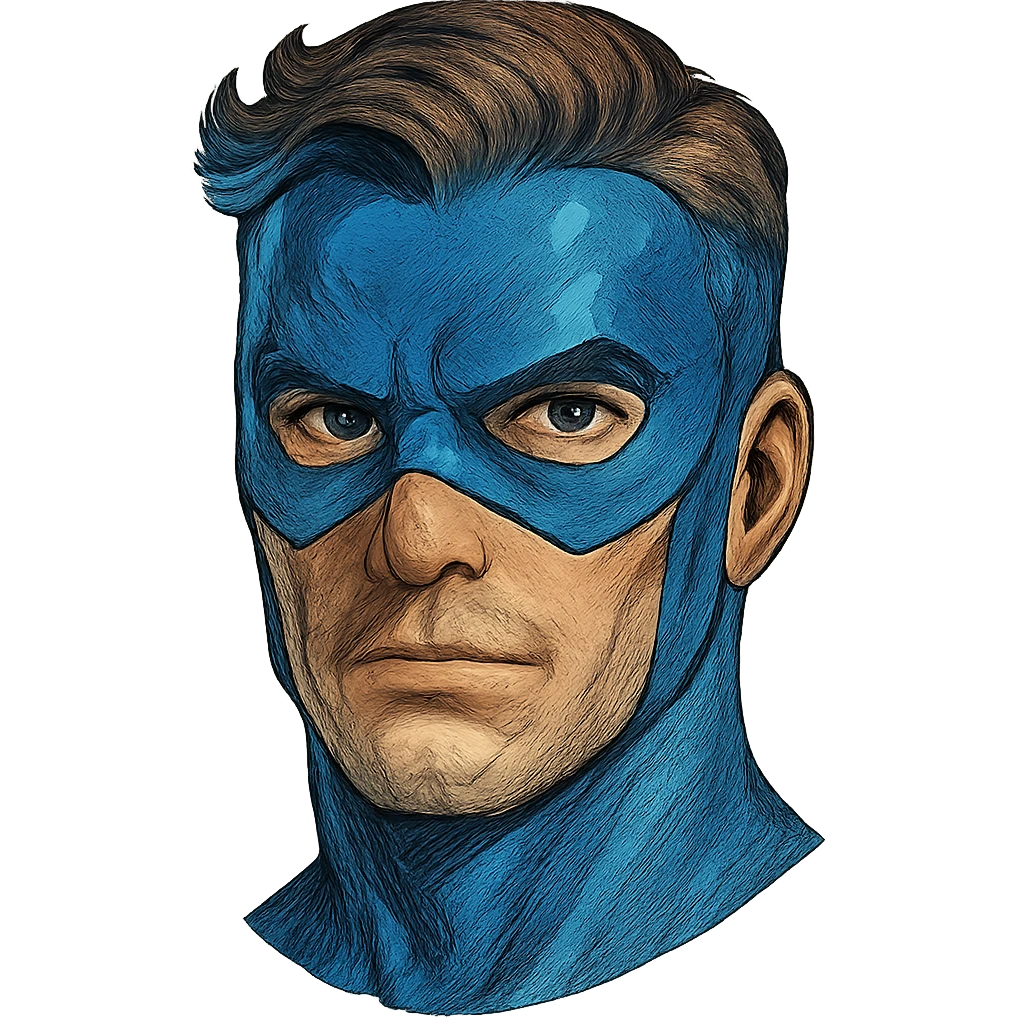 face with blue superhero mask, digital illustration emoji