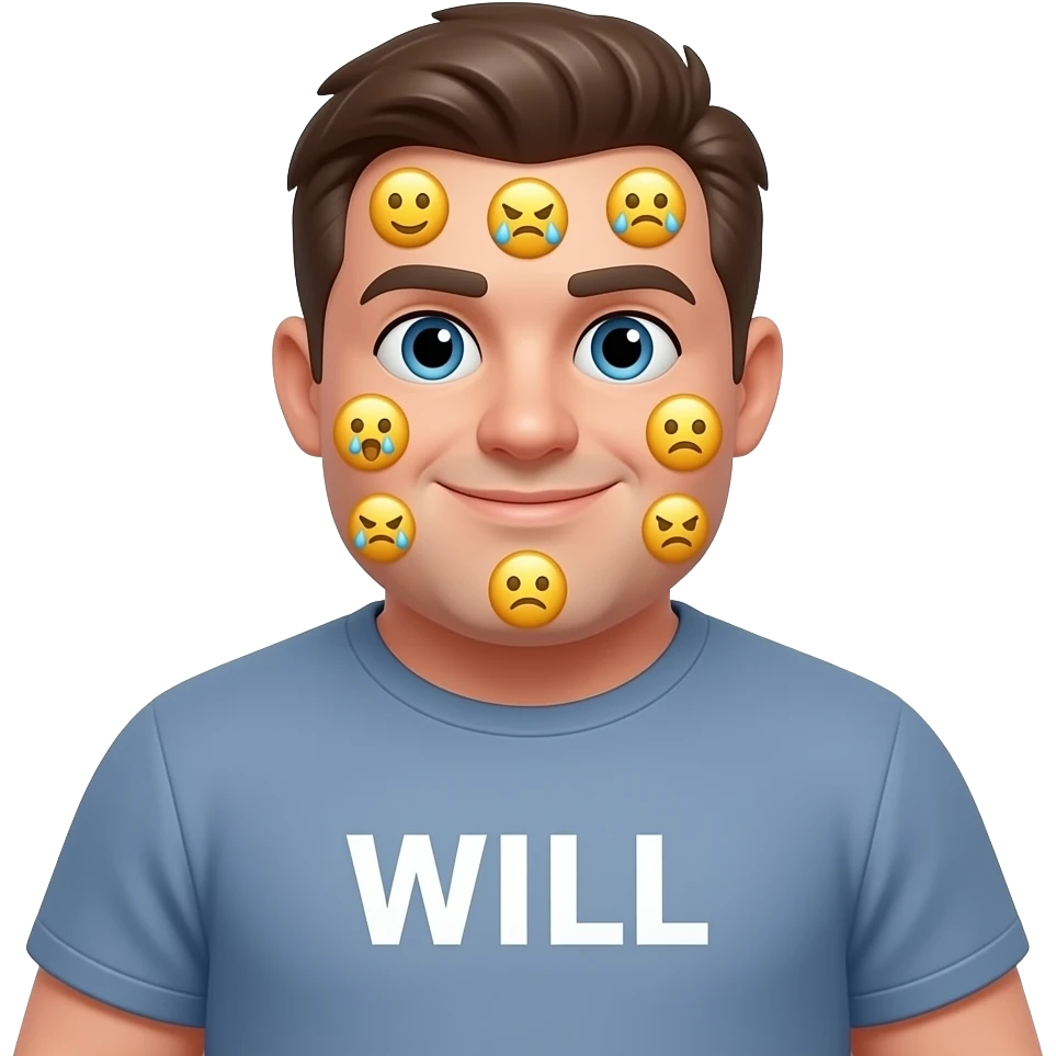 Personaje muy gordo, se llama Will. En su camiseta pone su nombre (Will), y en la mayoria de sus emojis y sale triste( 2 emojis contento, 4 triste, 2 enfadado y 5 sudado) emoji
