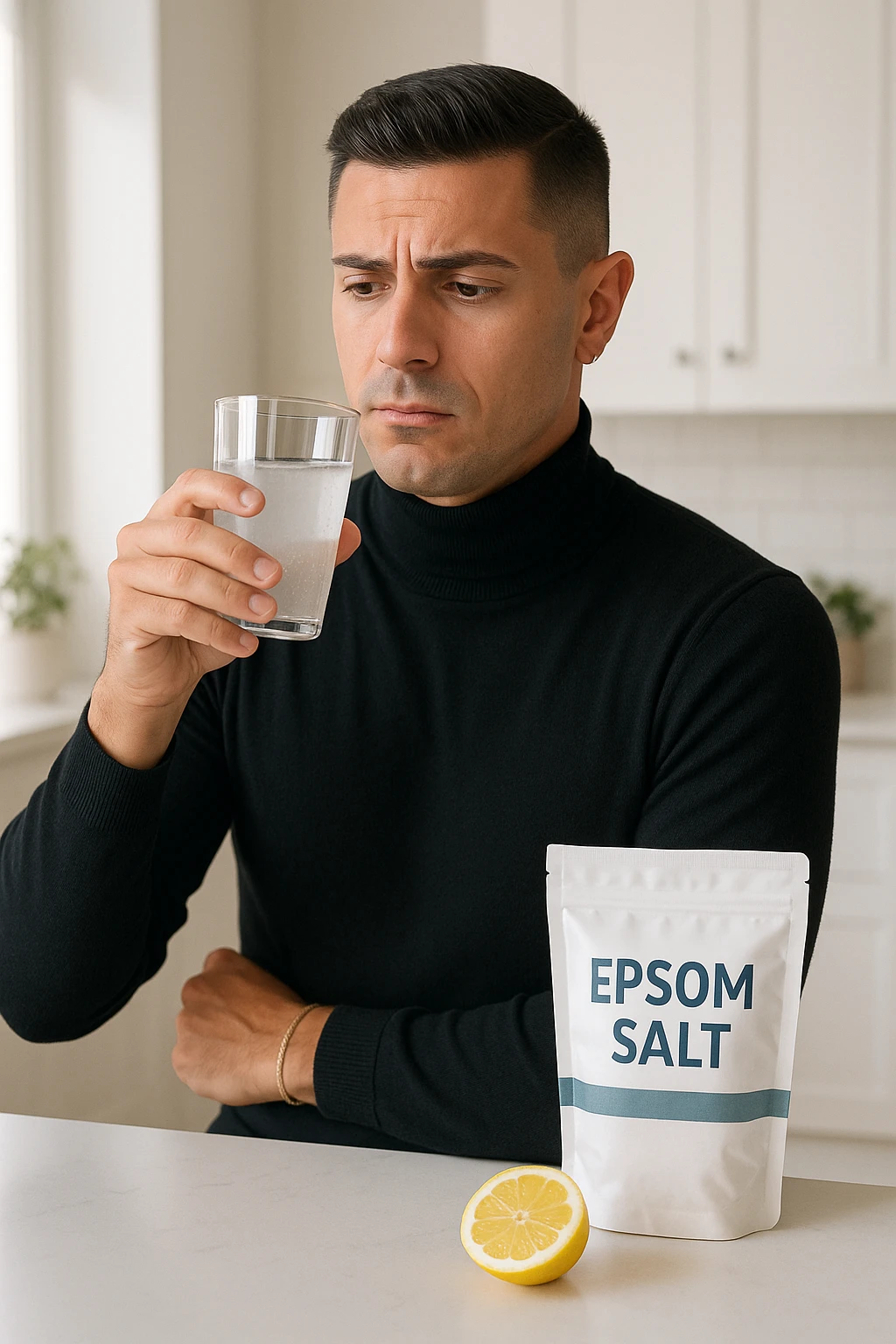 A realistic, bright photo-style image of a young man in his 30s standing in his kitchen, holding a clear glass filled with water in which Epsom salt (magnesium sulfate) has been dissolved. He looks focused but slightly uncertain as he prepares to drink it for a liver flush or digestive cleanse. The glass shows slight cloudiness from the dissolved salt. On the counter are a packet labeled 'Epsom Salt' and a sliced lemon, suggesting he might use it to mask the taste. The setting is clean, natural, and bright with neutral tones. The background shows sunlight streaming through a window, emphasizing a clean, minimalist health-focused environment. The mood conveys a realistic, calm moment of self-care with a hint of discomfort, illustrating a natural detox practice in italiano emoji
