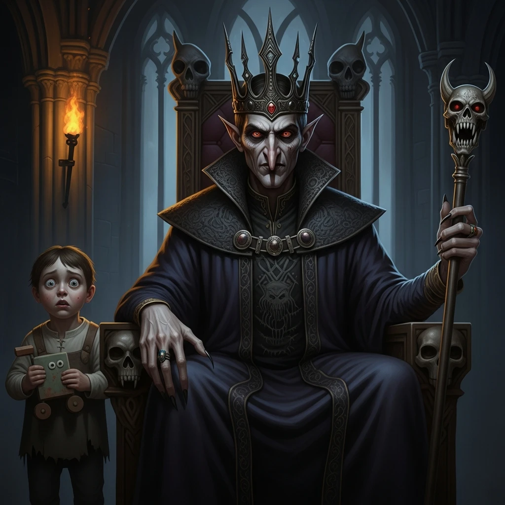 change only the king in first image with the sinister king in second image, and keep the same child on the left in the new image emoji