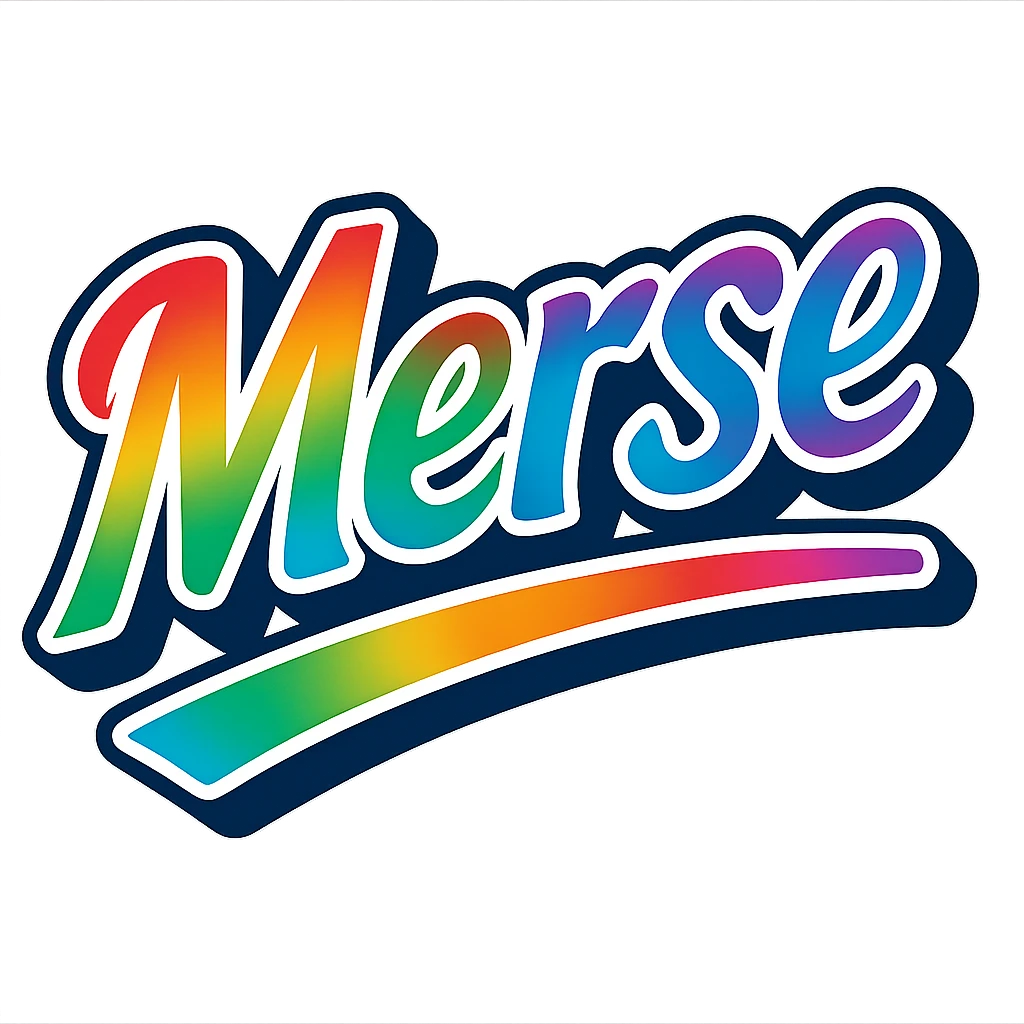 The word 'Merse' in modern Hungarian font with precise Hungarian letters, rainbow gradient fill, extra thick white outline around the letters, dark contour, transparent background, dynamic and slanted underline, in the style of the sample images. emoji