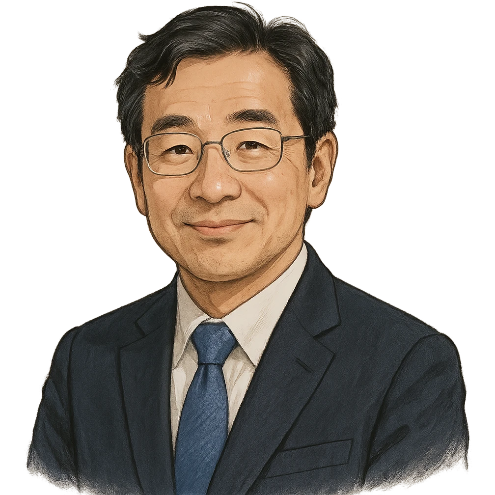 illustrated portrait of Haruhisa Morimoto, friendly expression, semi-realistic style, clean background, detailed but approachable emoji