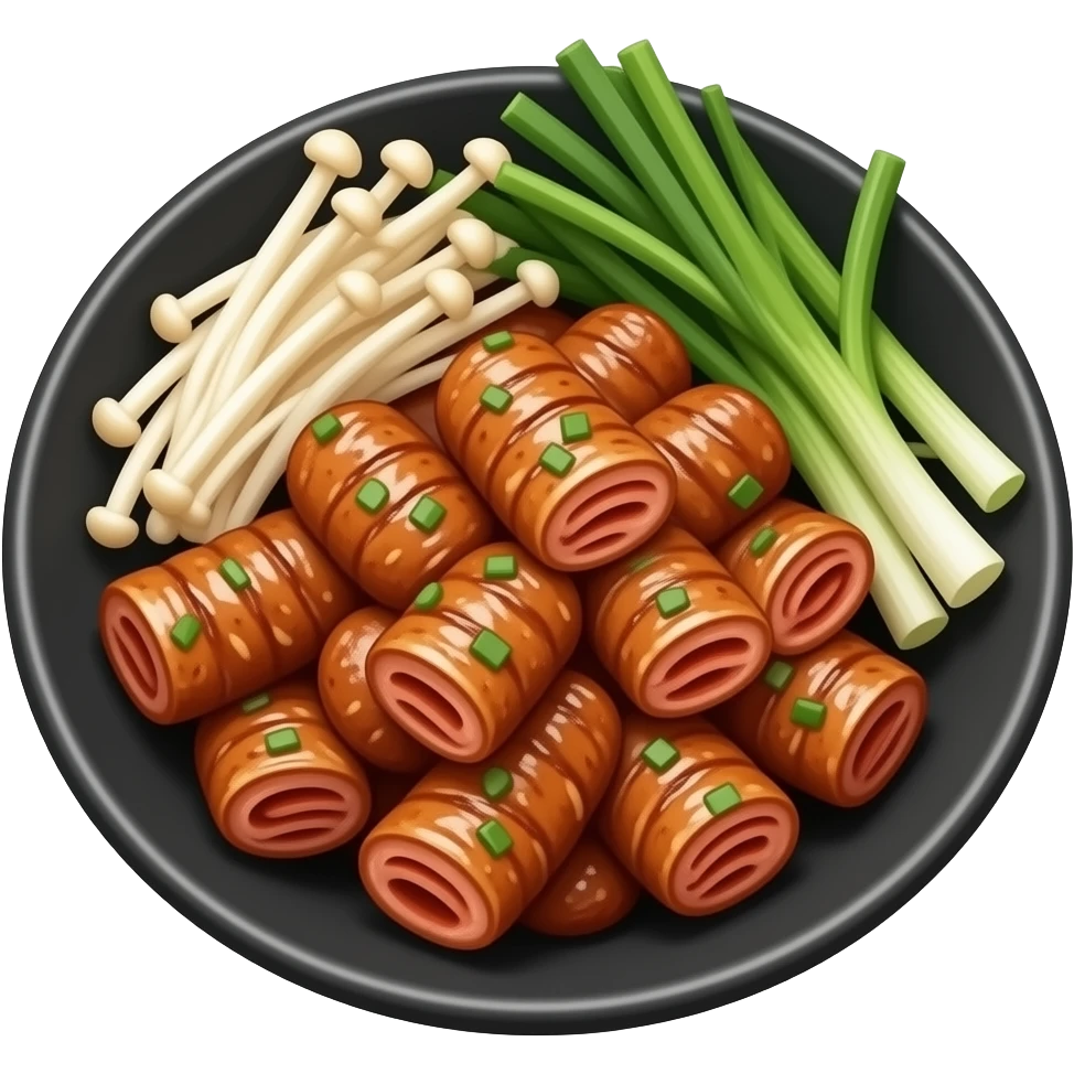 korean gopchang close up, grilled intestines with crispy edges, glossy oil texture, garlic slices, enoki mushrooms, onions, chives, black plate, warm lighting, realistic food photography emoji