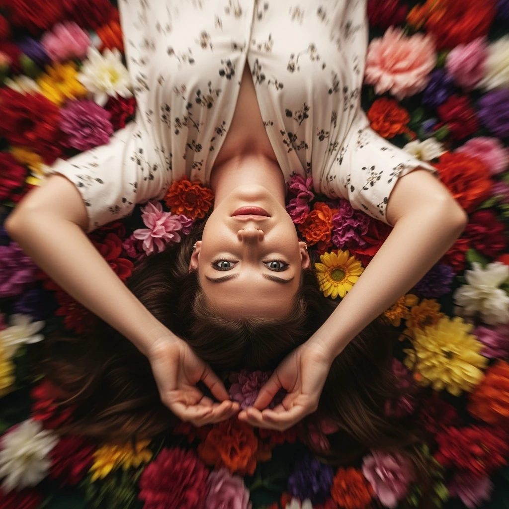 Camera drom top, Motion blur Extreme Closeup photo of a beautifull woman lay around beautifull colorfull flowers, cinematic light, 8K, very detailed, sharp, depth (foreground, midground, background) emoji