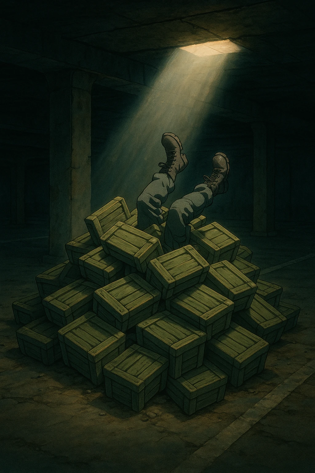 A pile of small oblong crates hidden in a parking structure with a beam of light shining from above, with someone’s boots sticking out like they dove in, tactical gear clothing  emoji