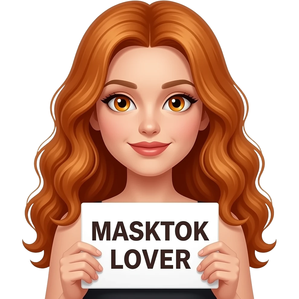 sexy girl with long wavy ginger hair and ginger eyes wearing a top is holding a MASKTOK LOVER sign emoji