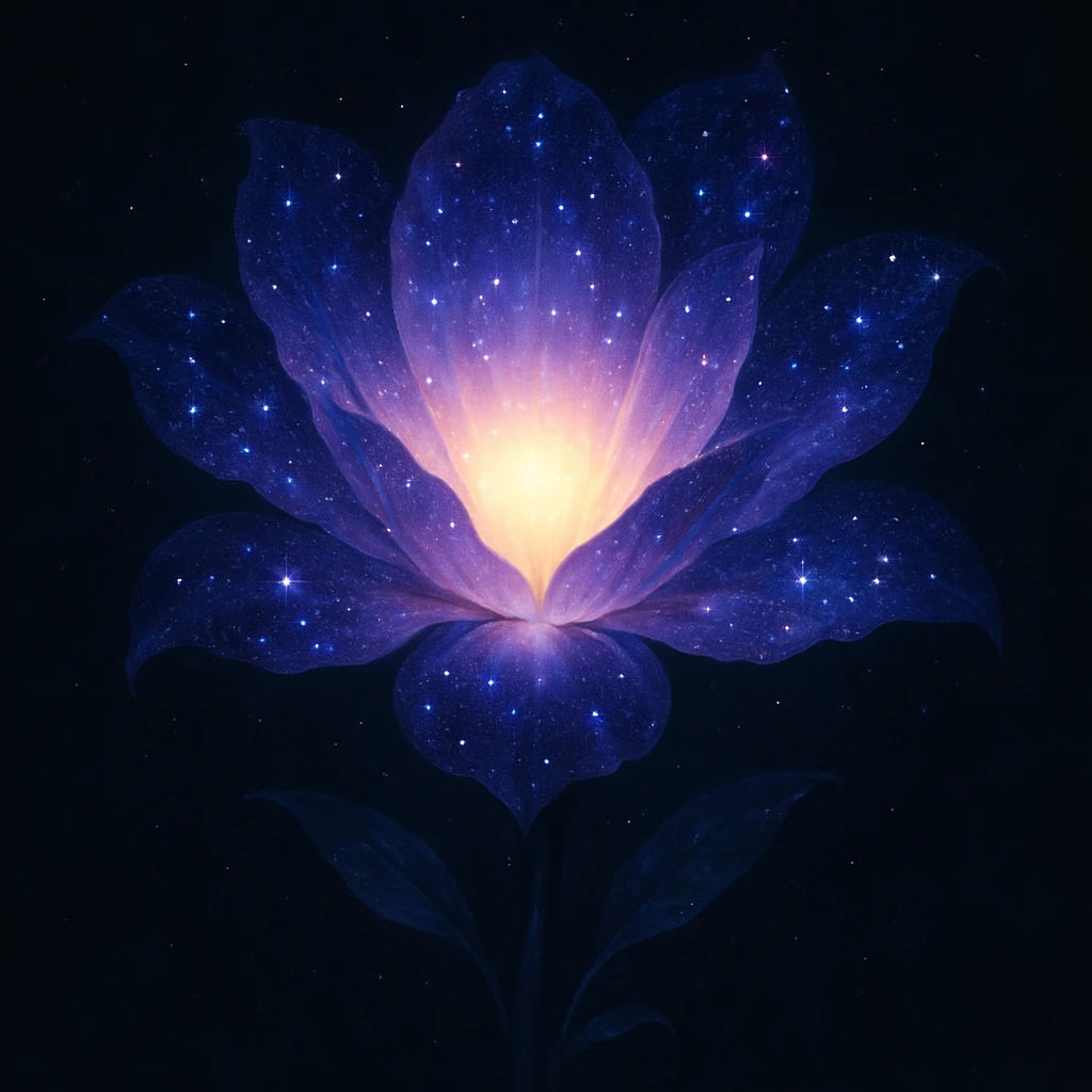a magical flower with a glowing center, petals fading into a star-filled galaxy, mystical and enchanting emoji